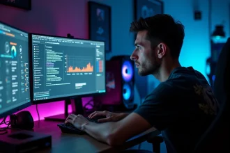 Jeune gamer frustré devant un PC avec une consommation excessive et une mauvaise configuration système