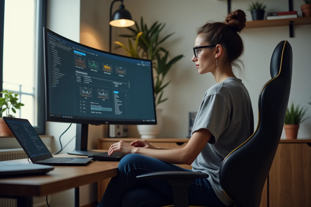 Jeune femme gameuse configurant un mod de personnalisation sur un grand écran ultrawide dans un appartement moderne