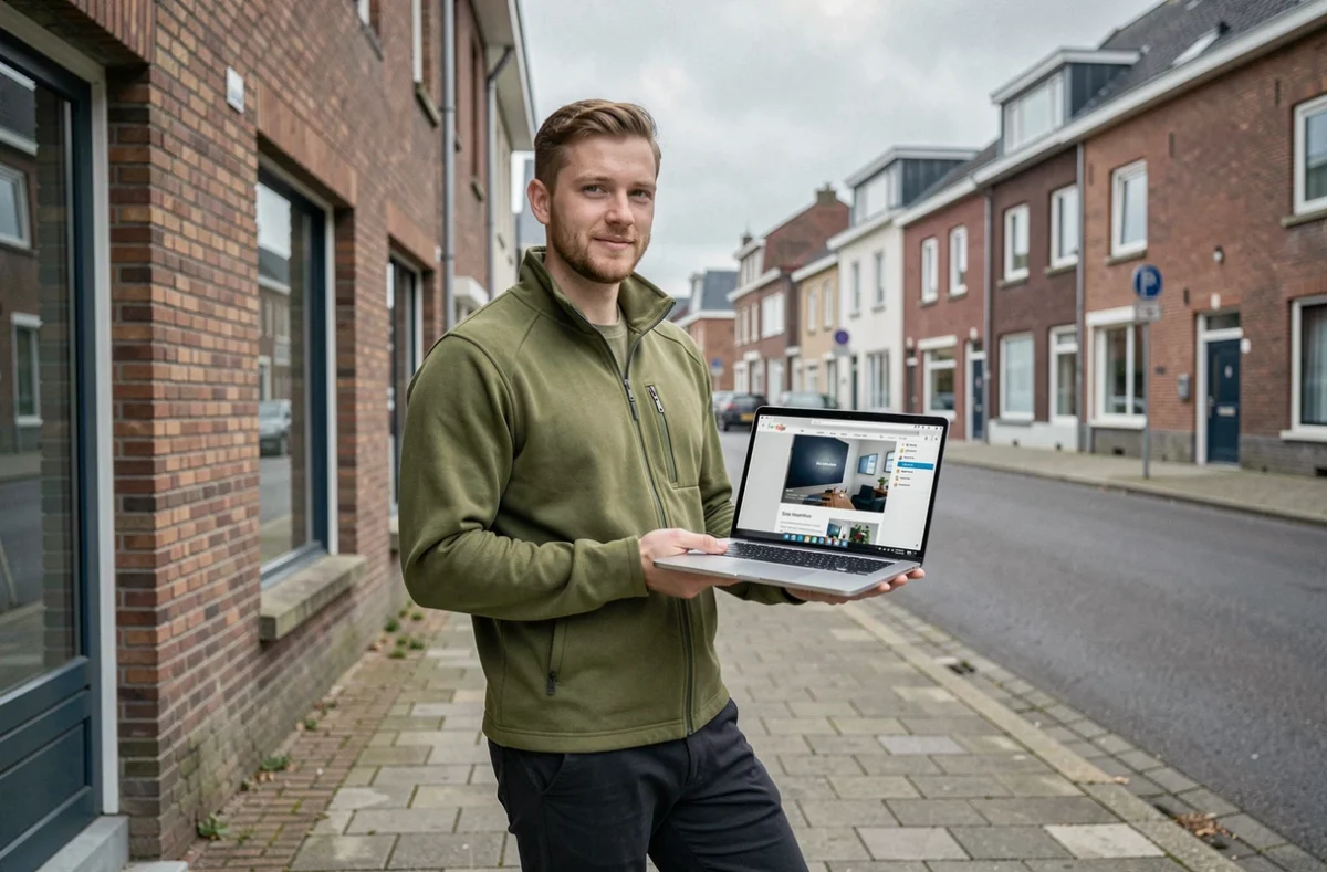 Développeur front-end de l'agence Glush à Saint-André-lez-Lille devant les locaux avec un laptop affichant un site web récemment lancé