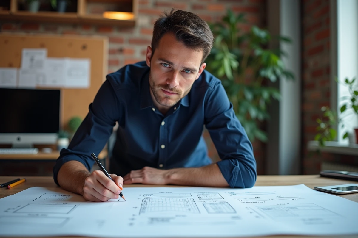 Graphiste masculin travaillant sur une table de travail avec des feuilles A4 annotées de dimensions en pixels