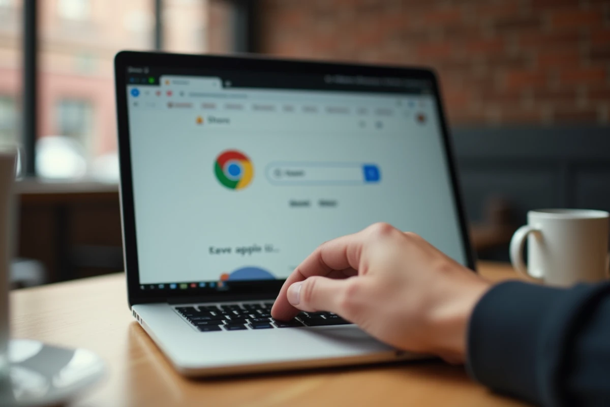 Gros plan d'une main survolant le bouton actualiser de Google Chrome sur un écran d'ordinateur portable dans un café