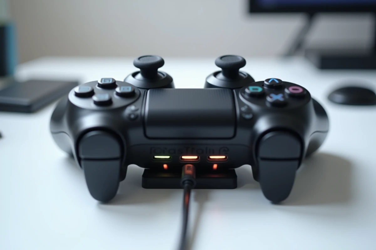 Gros plan sur les connecteurs et voyants LED d'un chargeur multi-ports PS4 avec manettes DualShock 4