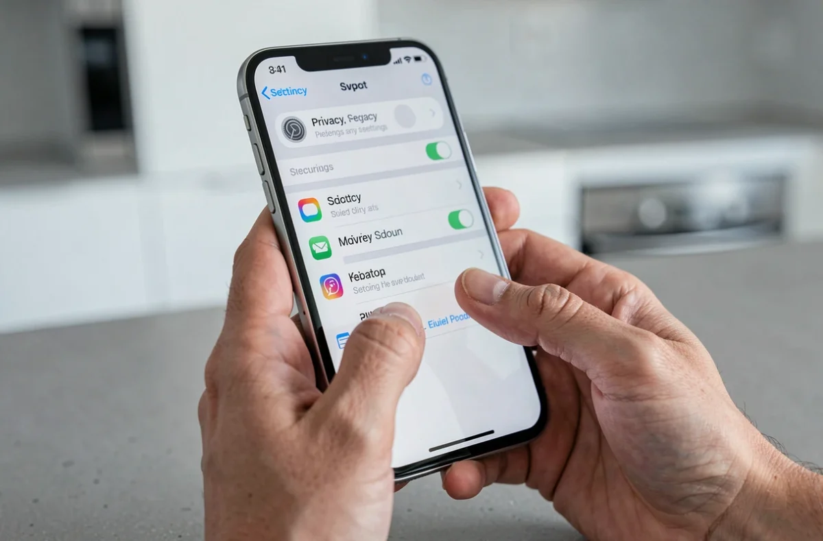 Gros plan sur des mains naviguant dans les paramètres de sécurité et confidentialité de l'iPhone 15
