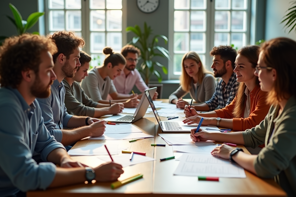 Groupe divers de collègues collaborant autour d