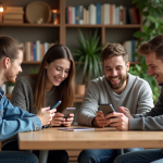 Groupe de jeunes adultes utilisant leurs smartphones dans un salon moderne
