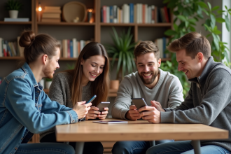 Groupe de jeunes adultes utilisant leurs smartphones dans un salon moderne