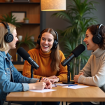 Groupe de quatre personnes en podcast dans un studio créatif