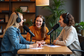 Groupe de quatre personnes en podcast dans un studio créatif