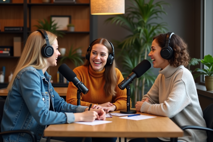 Groupe de quatre personnes en podcast dans un studio créatif