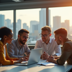 Groupe de professionnels dans un bureau lumineux ensoleille