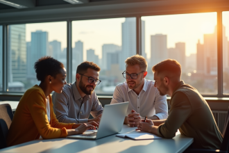 Groupe de professionnels dans un bureau lumineux ensoleille
