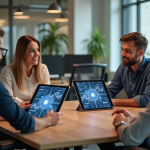 Jeunes professionnels discutant autour d'une table avec tablettes blockchain