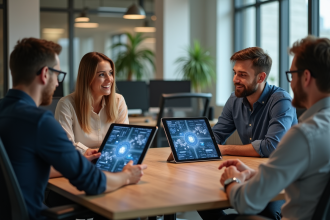 Jeunes professionnels discutant autour d'une table avec tablettes blockchain