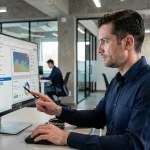 Professionnel masculin analysant les paramètres de sécurité des données sur un écran dans un bureau moderne en 2026