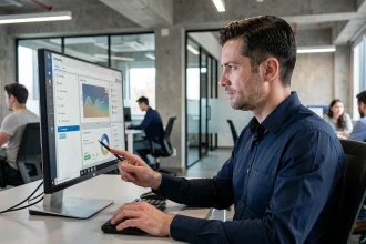 Professionnel masculin analysant les paramètres de sécurité des données sur un écran dans un bureau moderne en 2026