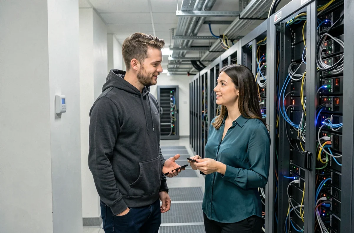 Deux techniciens en sécurité informatique collaborant devant des racks de serveurs dans un centre de données pour vérifier la protection des données