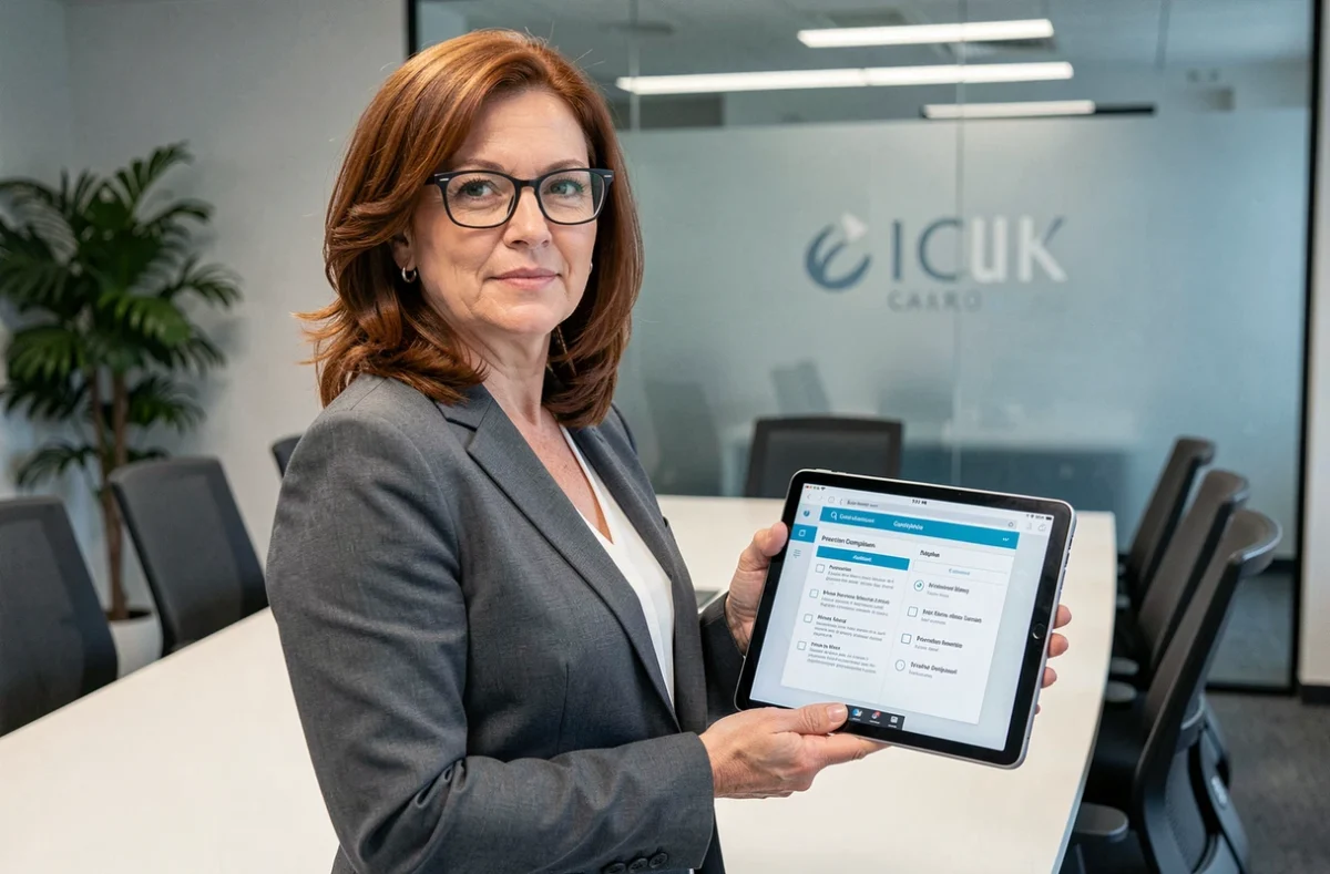Femme professionnelle consultant une liste de vérification de conformité à la sécurité des données sur tablette en salle de réunion