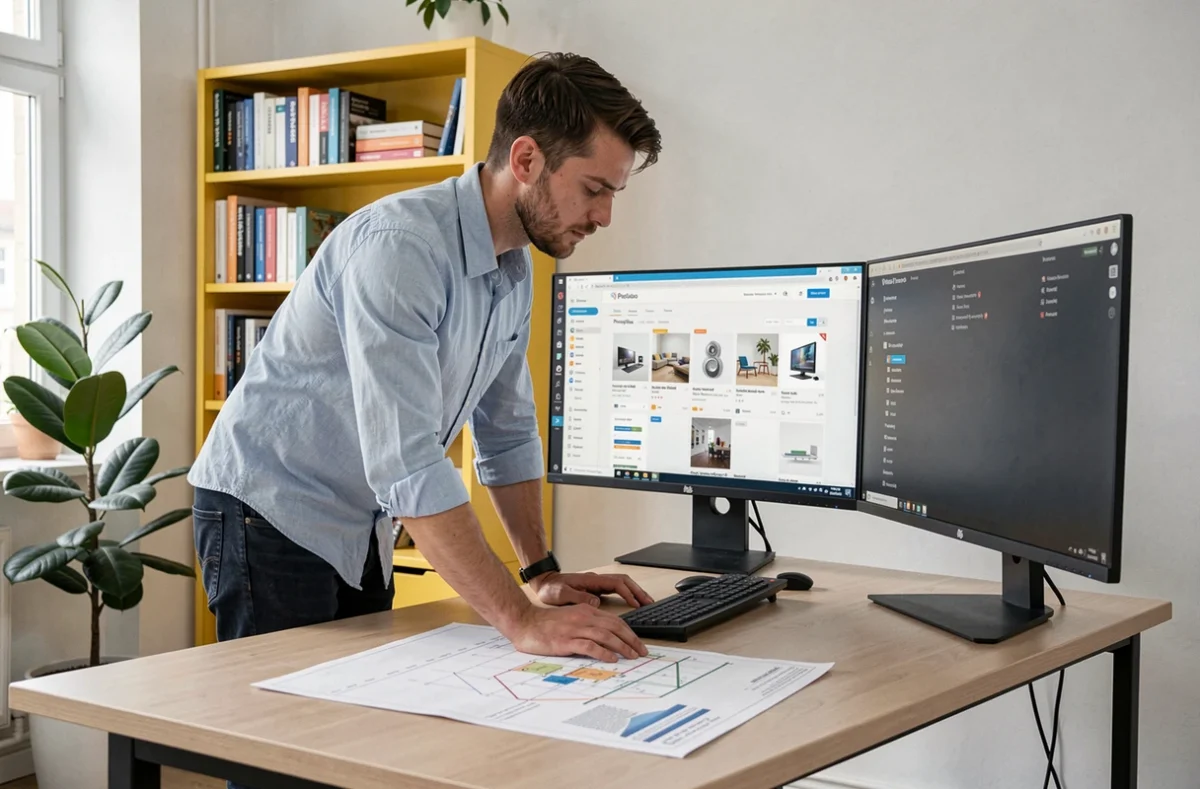 Développeur WordPress et PrestaShop d'Hello Pomelo à Lille examinant une boutique e-commerce sur deux moniteurs