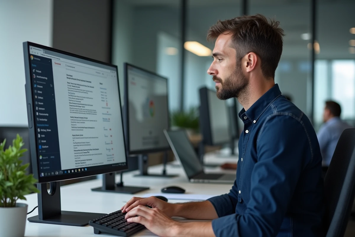 Homme utilisant Google Chrome sur un ordinateur de bureau au bureau avec le bouton actualiser visible dans la barre d'outils