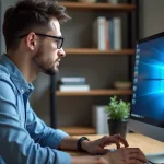 Homme concentré utilisant un ordinateur avec Windows 7 dans un bureau moderne