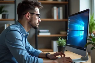Homme concentré utilisant un ordinateur avec Windows 7 dans un bureau moderne