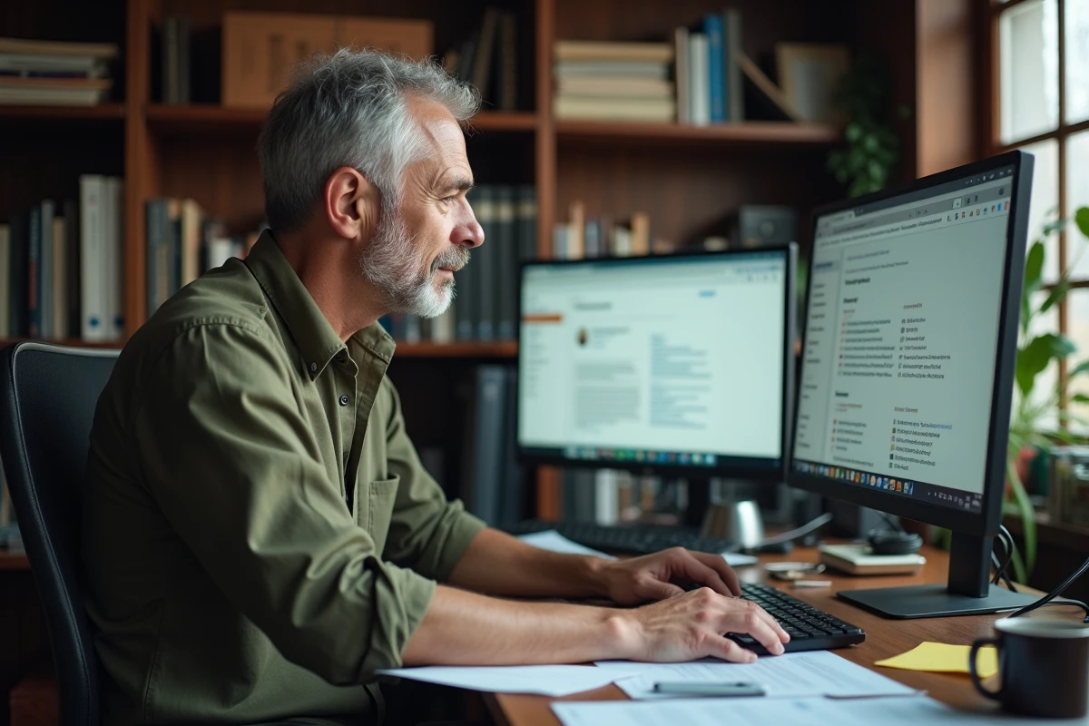 Homme comparant deux services de messagerie sur un écran d'ordinateur dans un bureau universitaire encombré, représentant le choix entre Zimbra Caen et une alternative après Unicaen