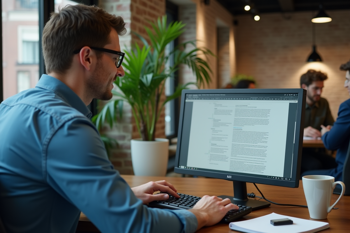 Homme en coworking regardant un transcript sur son écran d