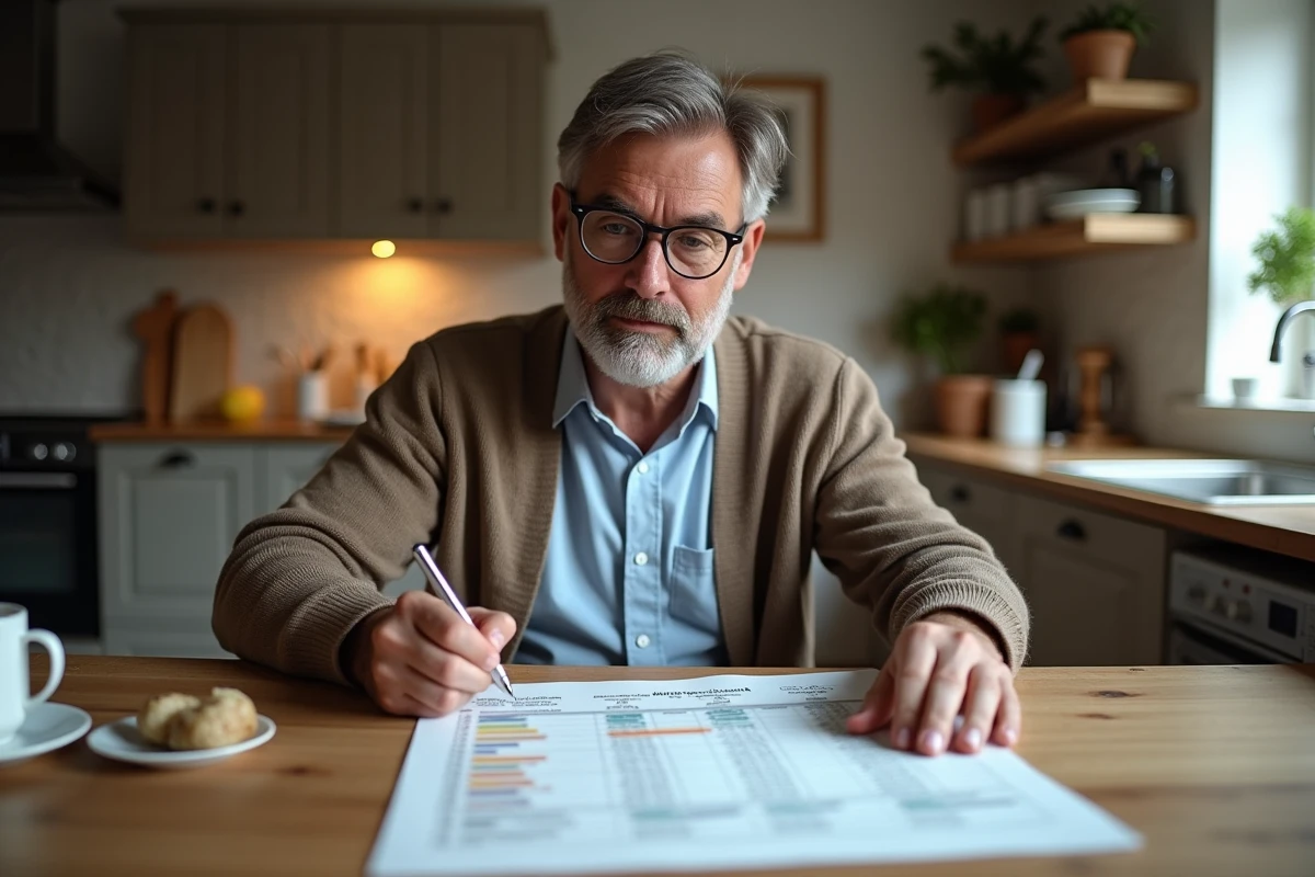 Homme à la maison examinant un tableau Excel imprimé