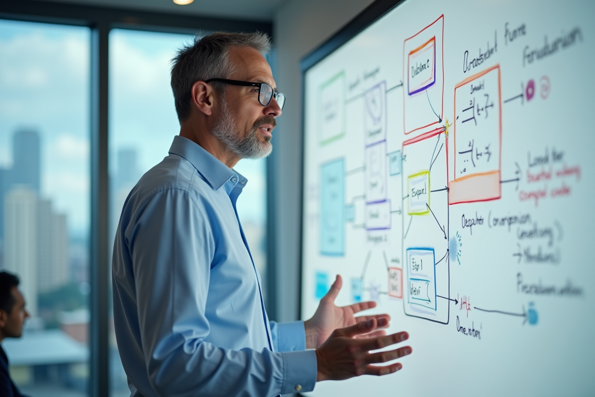 Homme expliquant un diagramme de flux lors d