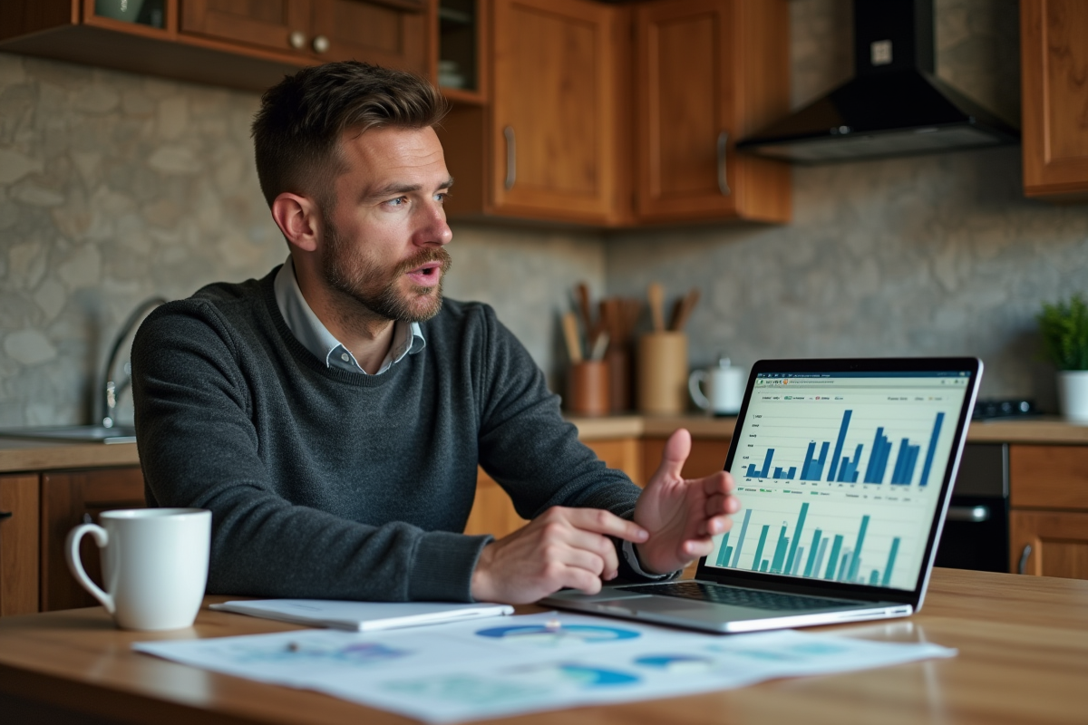 Homme expliquant une formule dans une cuisine chaleureuse
