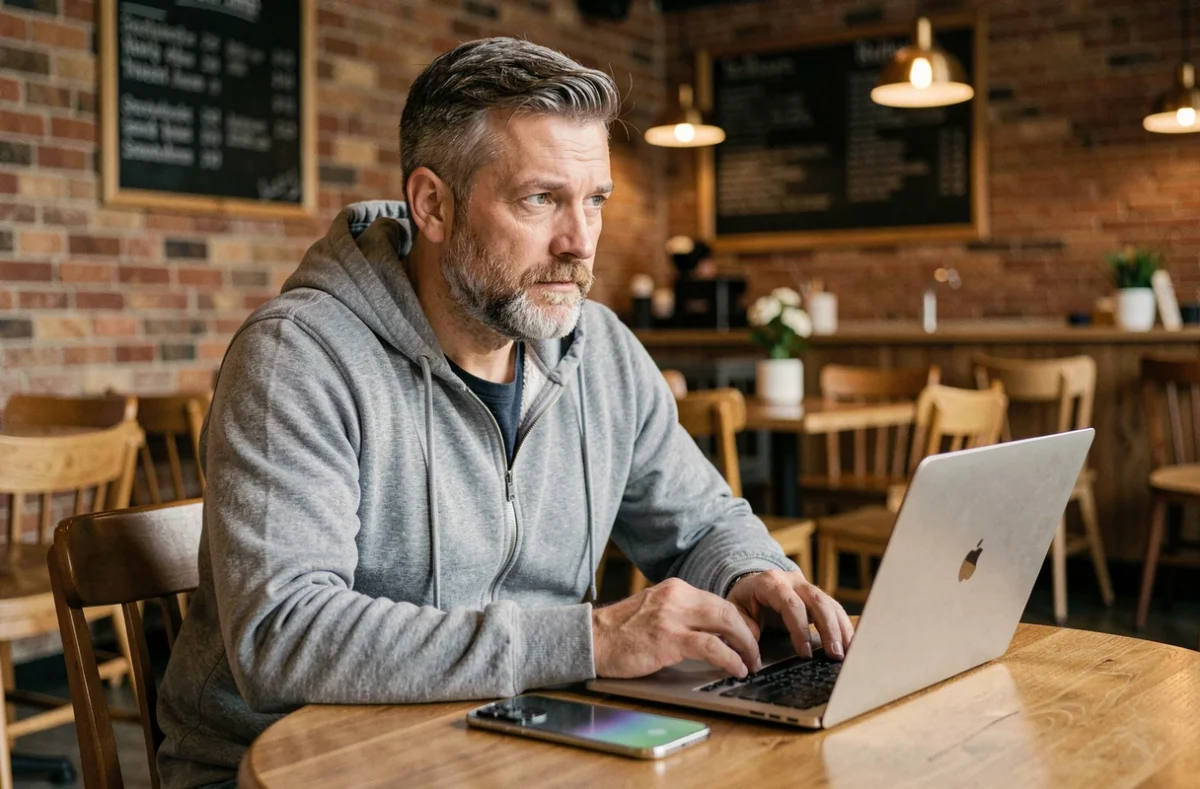Homme analysant les fonctions de sécurité de l'iPhone 15 dans un café urbain