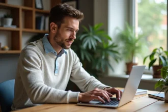 Homme détendu utilisant son laptop pour accéder à Mafreebox