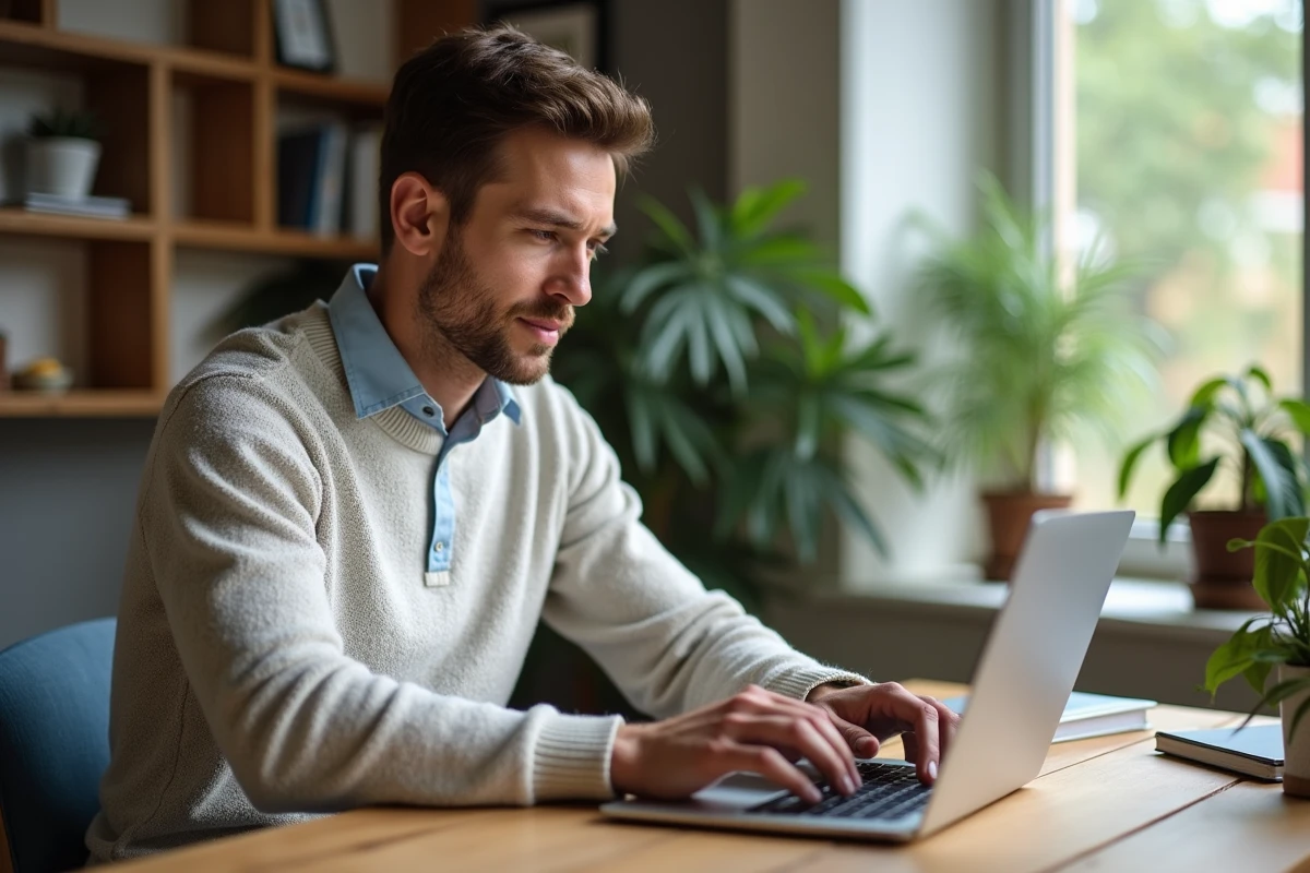 Homme détendu utilisant son laptop pour accéder à Mafreebox