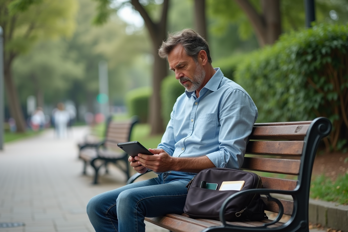 Homme assis dans un parc lisant une tablette avec ses affaires