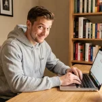 Jeune homme souriant devant un ordinateur portable affichant Google, prêt à faire un prank avec la commande Do a Barrel Roll