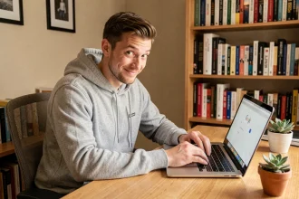 Jeune homme souriant devant un ordinateur portable affichant Google, prêt à faire un prank avec la commande Do a Barrel Roll