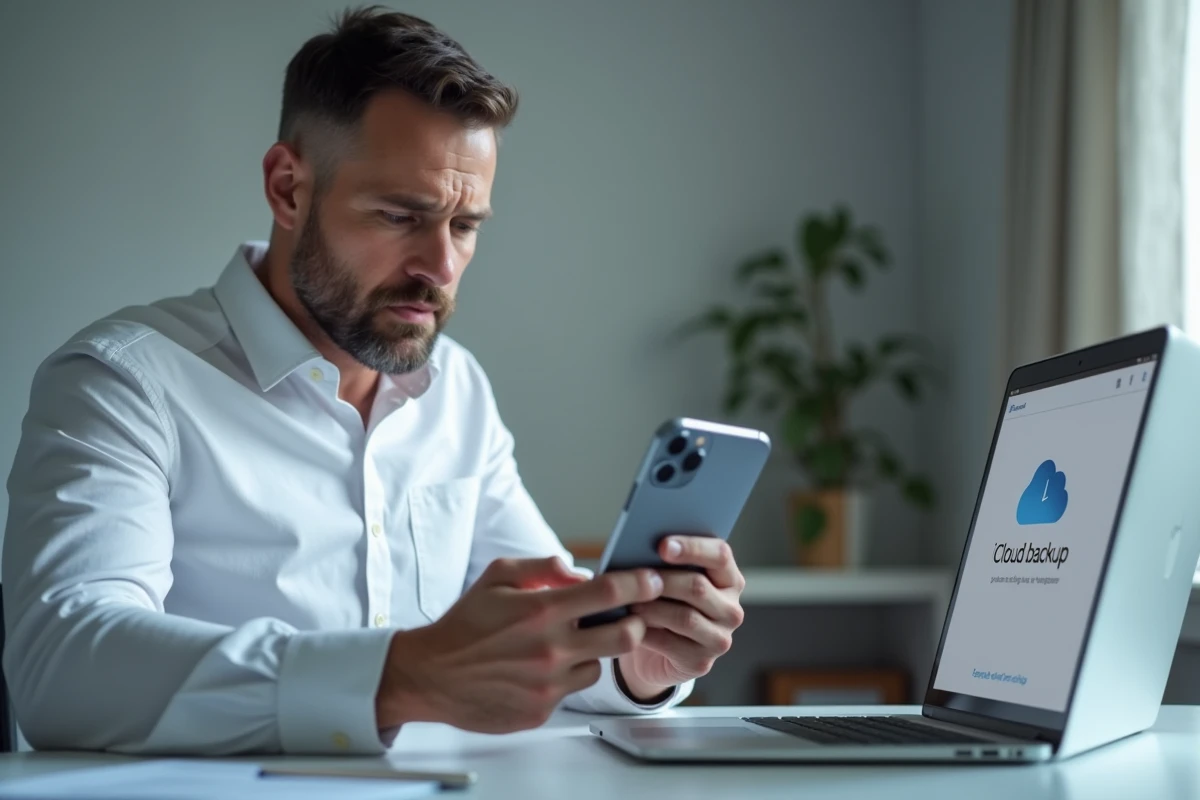 Homme consultant les paramètres de récupération de SMS sur iPhone avec un ordinateur portable affichant iCloud