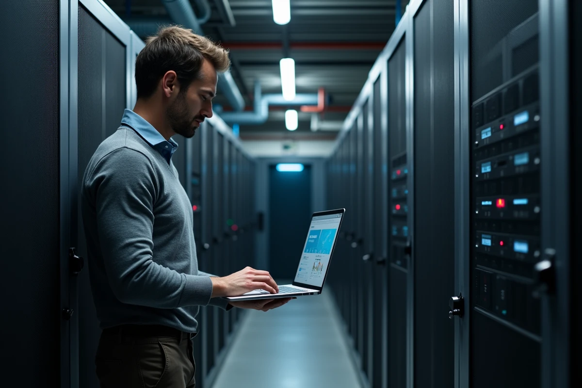 Homme IT travaillant dans un centre de données high-tech