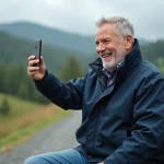 Homme souriant avec téléphone en nature