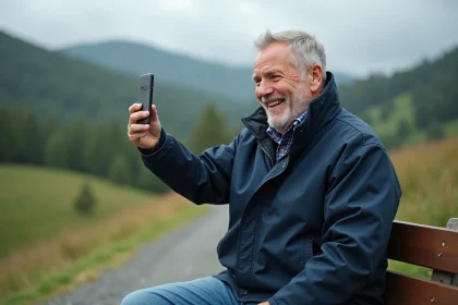 Homme souriant avec téléphone en nature