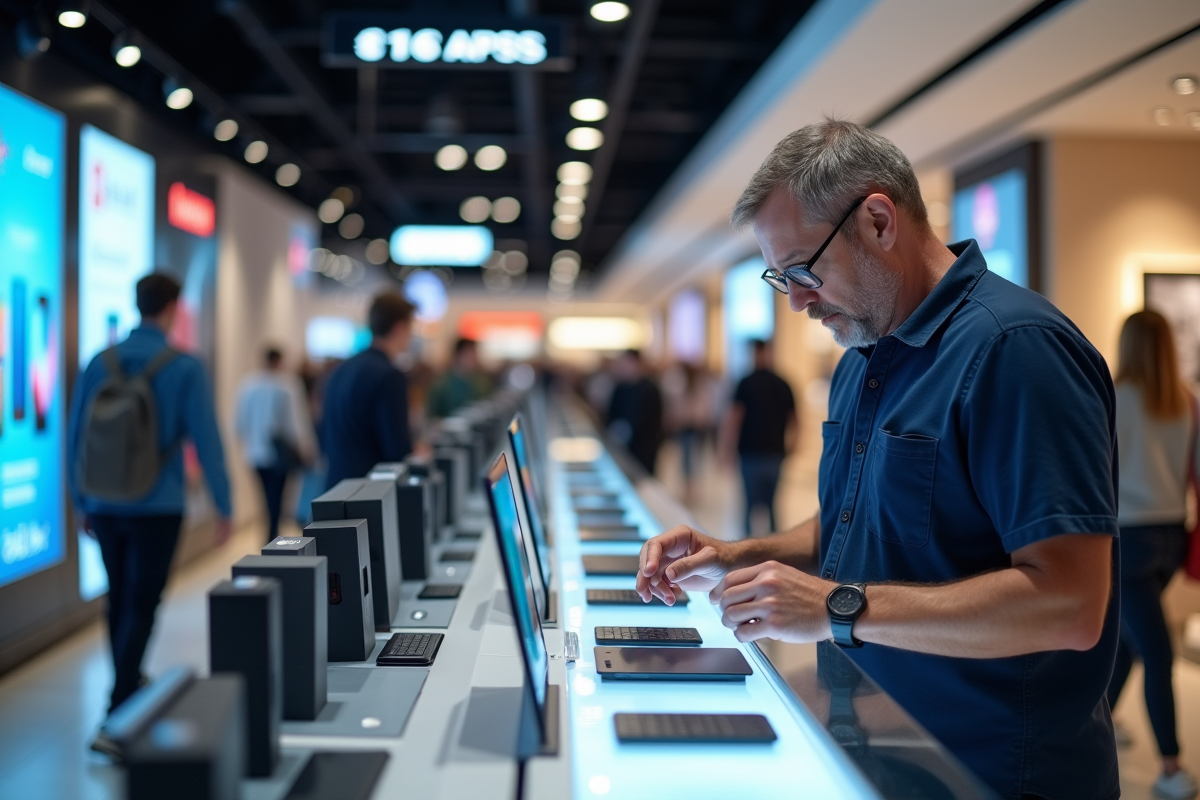 Homme examinant des gadgets technologiques en magasin moderne