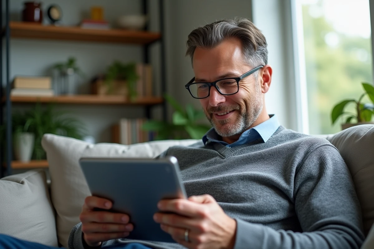 Homme détendu vérifiant un email sur sa tablette