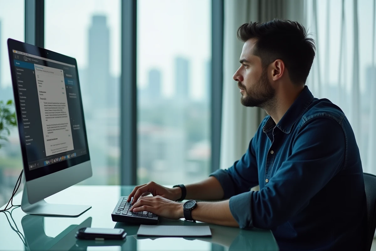 Homme en télétravail utilisant une messagerie webmail sur un écran de bureau dans un appartement moderne avec vue urbaine