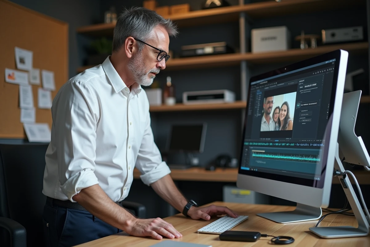 Homme transférant des fichiers vidéo avec un disque dur externe