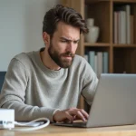 Homme frustré travaillant sur son ordinateur dans un bureau à domicile