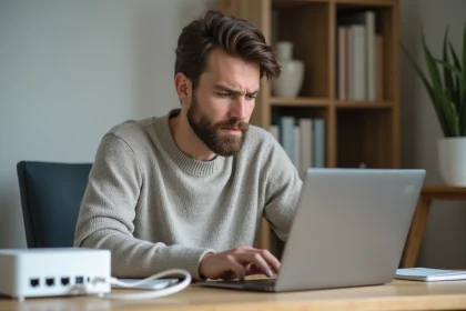 Homme frustré travaillant sur son ordinateur dans un bureau à domicile
