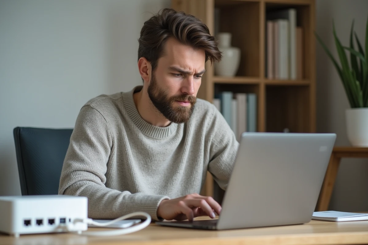 Homme frustré travaillant sur son ordinateur dans un bureau à domicile