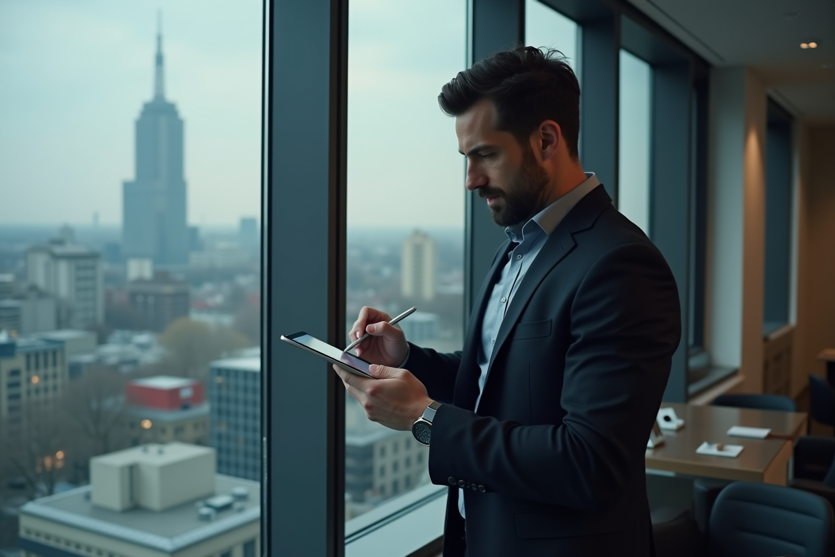 Homme français analysant du code web avec une tablette en ville