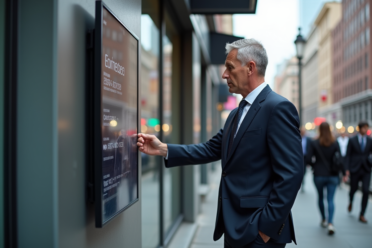 Homme d affaires observant une publicité dans la ville