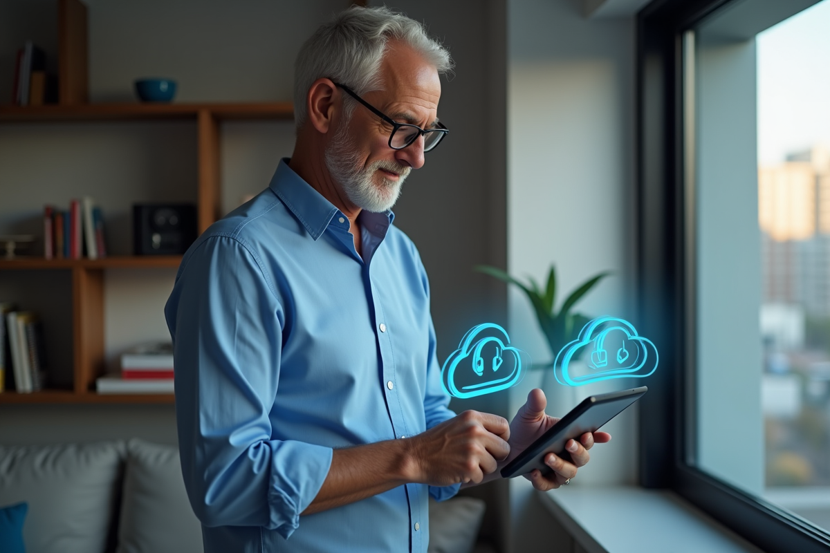 Homme utilisant une tablette dans un intérieur moderne et calme